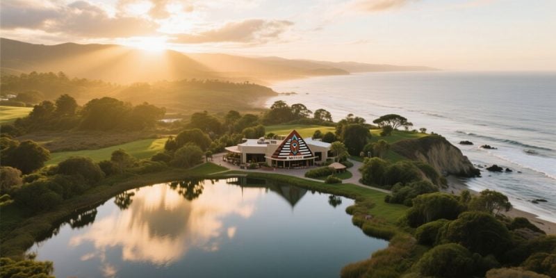 Tribal Casino Sits On Bank of Beautiful Lake Surrounded By Trees and Sun Setting Background