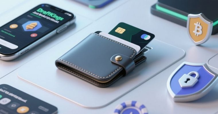 Cell Phone Displaying DraftKings iGaming Platform Sits Next To a Wallet With Credit Card Peeking Out