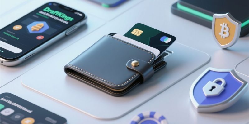 Cell Phone Displaying DraftKings iGaming Platform Sits Next To a Wallet With Credit Card Peeking Out