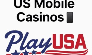 PlayUSA logo in red, white, and blue with three stars and a wave design beneath the text. Above the logo, bold black text reads 'Play at Top US Mobile Casinos' with a small smartphone emoji.