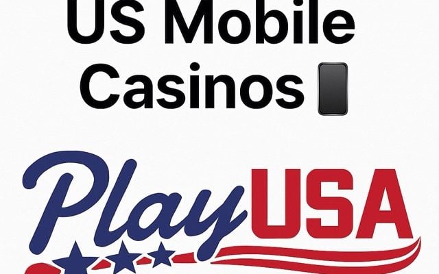 PlayUSA logo in red, white, and blue with three stars and a wave design beneath the text. Above the logo, bold black text reads 'Play at Top US Mobile Casinos' with a small smartphone emoji.