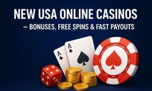 Promotional banner for new USA online casinos, showing bold text 'New USA Online Casinos – Bonuses, Free Spins & Fast Payouts' above casino-themed graphics including playing cards, poker chip, dice, and stacks of gold coins on a dark blue background.