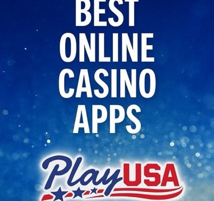 Promotional image for PlayUSA featuring the text 'BEST ONLINE CASINO APPS' in bold white letters against a blue gradient background with sparkling light effects. Below the text is the PlayUSA logo, which includes red and blue stylized lettering with stars and stripes.