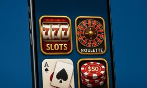 An iPhone displaying four online casino game icons—slots, roulette, blackjack, and poker—on a blue gradient background, with the words “ONLINE CASINOS ON IPHONE” above, and red dice and poker chips in the foreground.