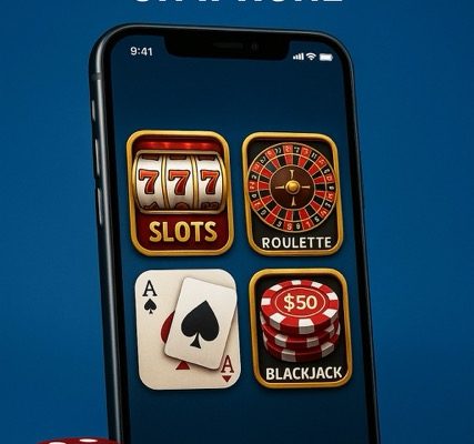 An iPhone displaying four online casino game icons—slots, roulette, blackjack, and poker—on a blue gradient background, with the words “ONLINE CASINOS ON IPHONE” above, and red dice and poker chips in the foreground.