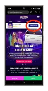 A screenshot showing the button to download the Luckyland Slots Android app