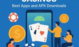 Illustration of people using mobile devices around a large Android smartphone displaying playing cards, poker chips, and gold coins, with the title 'Top Android Casinos' and subtitle 'Best Apps and APK Downloads' on a blue background.