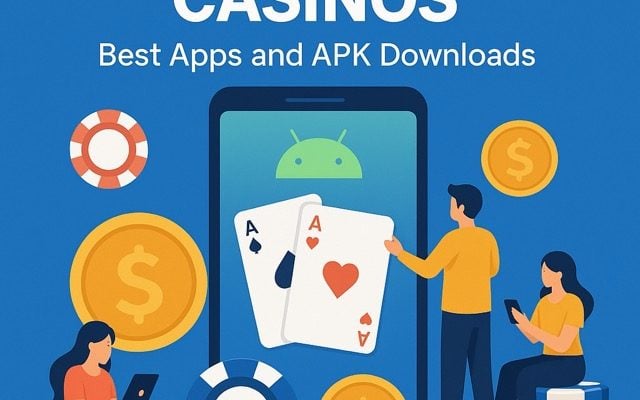 Illustration of people using mobile devices around a large Android smartphone displaying playing cards, poker chips, and gold coins, with the title 'Top Android Casinos' and subtitle 'Best Apps and APK Downloads' on a blue background.