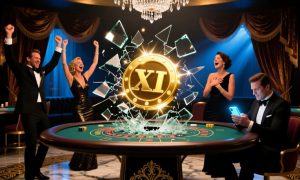 Floating XI Casino Chip Surrounded By 4 Cheering Players