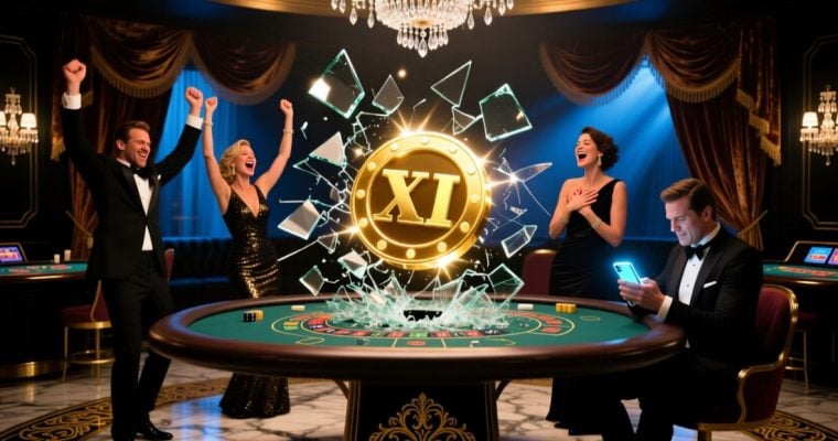 Floating XI Casino Chip Surrounded By 4 Cheering Players