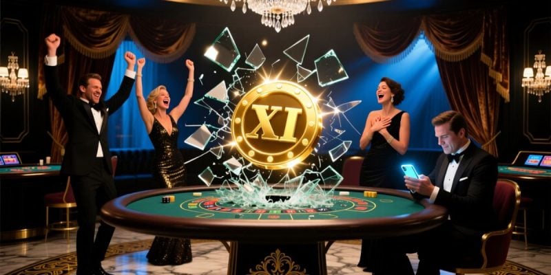 Floating XI Casino Chip Surrounded By 4 Cheering Players