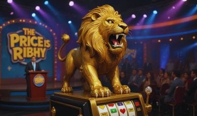 The Price Is Right Stage Background and BetMGM Lion Atop Slot Machine
