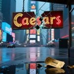 Golden Broadway Ticket Lays Below Broken Caesar's Sign in Times Square