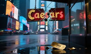 Golden Broadway Ticket Lays Below Broken Caesar's Sign in Times Square