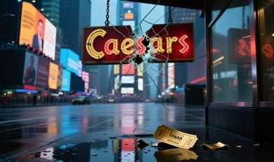 Golden Broadway Ticket Lays Below Broken Caesar's Sign in Times Square
