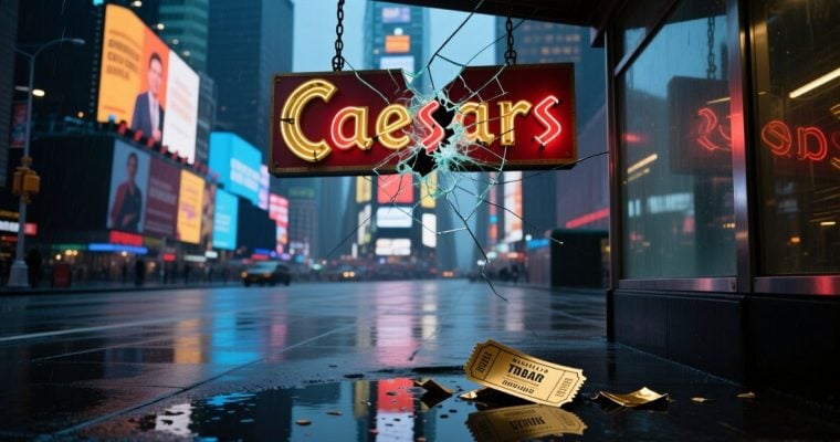 Golden Broadway Ticket Lays Below Broken Caesar's Sign in Times Square