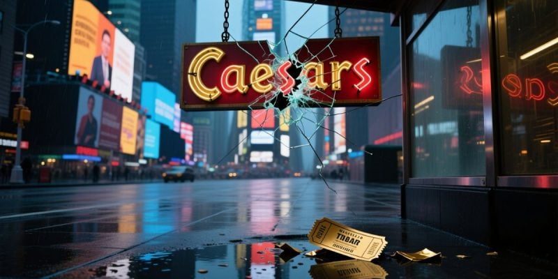 Golden Broadway Ticket Lays Below Broken Caesar's Sign in Times Square