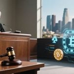 Judge and Gavel on left side, to the right City of Los Angeles in the Background