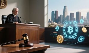 Judge and Gavel on left side, to the right City of Los Angeles in the Background