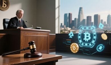 Judge and Gavel on left side, to the right City of Los Angeles in the Background