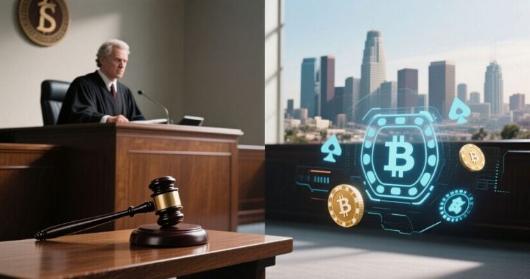 Judge and Gavel on left side, to the right City of Los Angeles in the Background