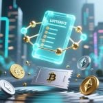 Digital Currencies, Floating Lottery Ticket And Blockchain Image Concept