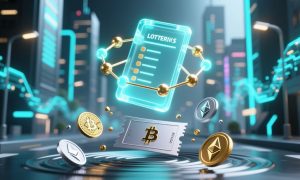 Digital Currencies, Floating Lottery Ticket And Blockchain Image Concept