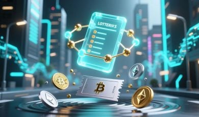 Digital Currencies, Floating Lottery Ticket And Blockchain Image Concept