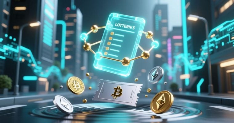 Digital Currencies, Floating Lottery Ticket And Blockchain Image Concept