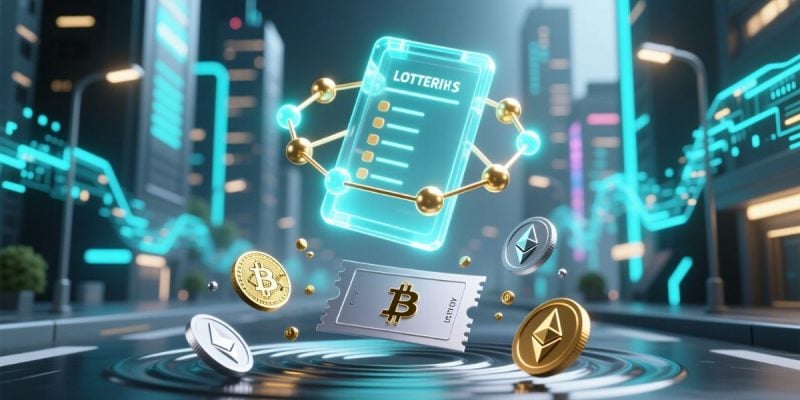 Digital Currencies, Floating Lottery Ticket And Blockchain Image Concept