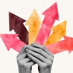 Collage Image of Hands Holding Variety of Colorful Arrows Pointing Upwards