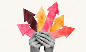 Collage Image of Hands Holding Variety of Colorful Arrows Pointing Upwards