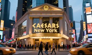 People Walk Buy Lit Caesars New York Casino In Times Square