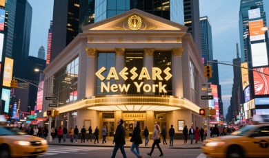 People Walk Buy Lit Caesars New York Casino In Times Square