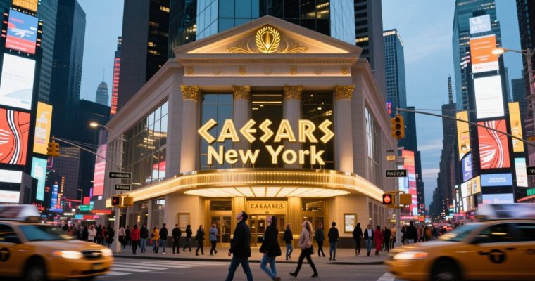 People Walk Buy Lit Caesars New York Casino In Times Square