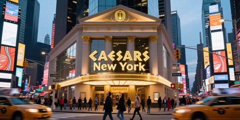 People Walk Buy Lit Caesars New York Casino In Times Square