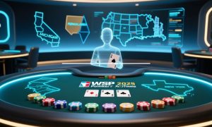 Poker Game Table with Digitized Man Figure Holding Ace Playing Card