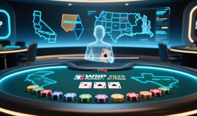 Poker Game Table with Digitized Man Figure Holding Ace Playing Card