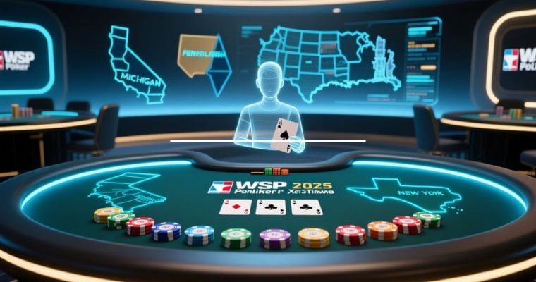 Poker Game Table with Digitized Man Figure Holding Ace Playing Card