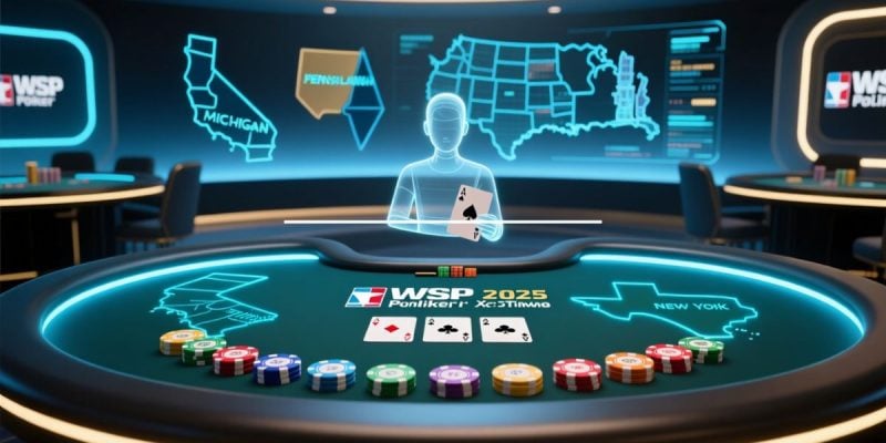 Poker Game Table with Digitized Man Figure Holding Ace Playing Card