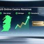US Online Casino Revenue with Michigan, New Jersey & Pennsylvania Displayed on Digital Screen