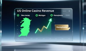 US Online Casino Revenue with Michigan, New Jersey & Pennsylvania Displayed on Digital Screen