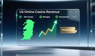 US Online Casino Revenue with Michigan, New Jersey & Pennsylvania Displayed on Digital Screen