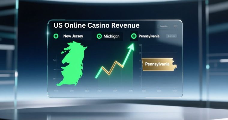 US Online Casino Revenue with Michigan, New Jersey & Pennsylvania Displayed on Digital Screen