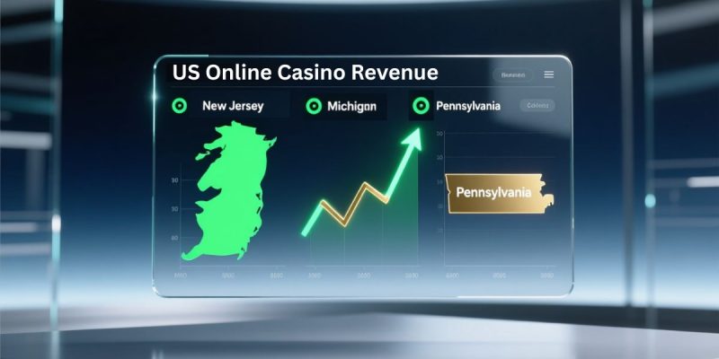 US Online Casino Revenue with Michigan, New Jersey & Pennsylvania Displayed on Digital Screen