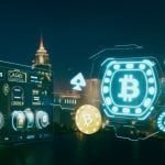 Nighttime Cityscape Background and Digital Screens and Coins Forefront