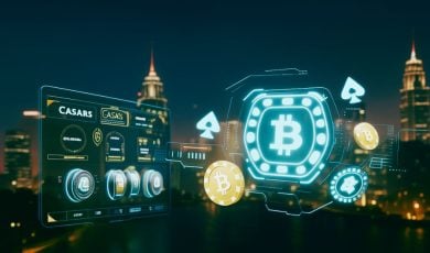Nighttime Cityscape Background and Digital Screens and Coins Forefront