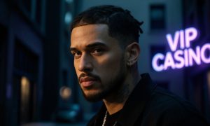 Drake-Like Figure With Stern Expression Stands Outside of a VIP Casino