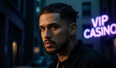 Drake-Like Figure With Stern Expression Stands Outside of a VIP Casino