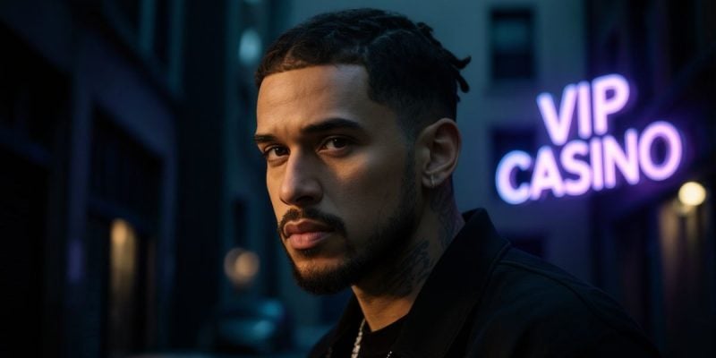 Drake-Like Figure With Stern Expression Stands Outside of a VIP Casino